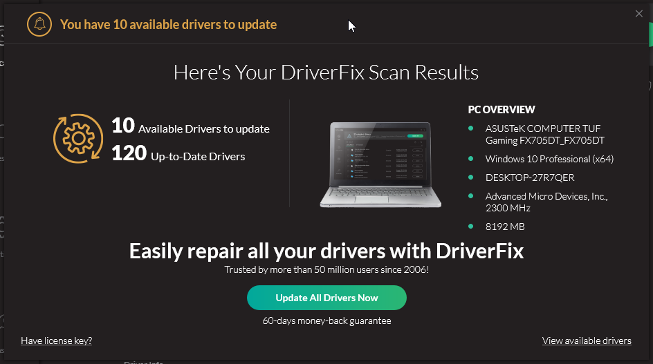 DriverFix Updater Results