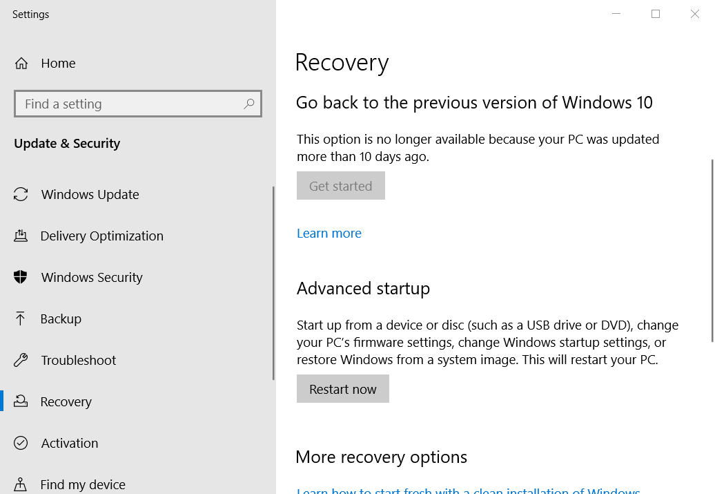 access recovery setting options