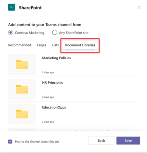 add sharepoint content to teams
