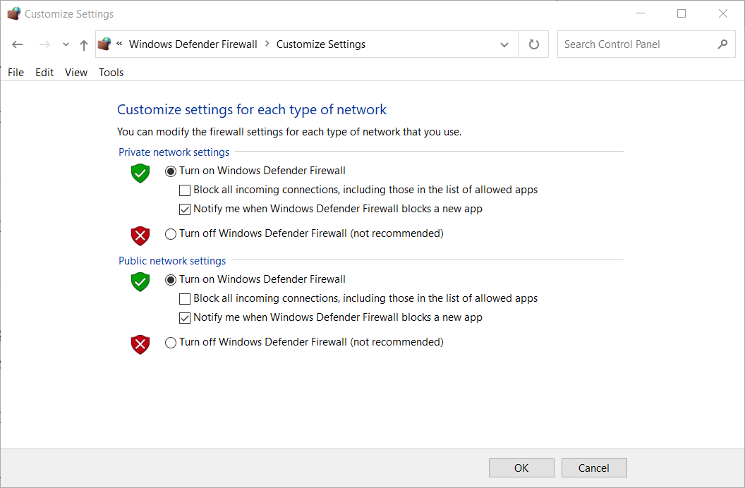 The Turn off Windows Defender Firewall options omegle camera not working windows 10