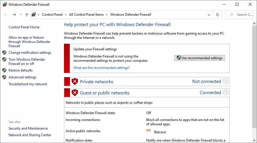 how to enable Windows Defender Firewall