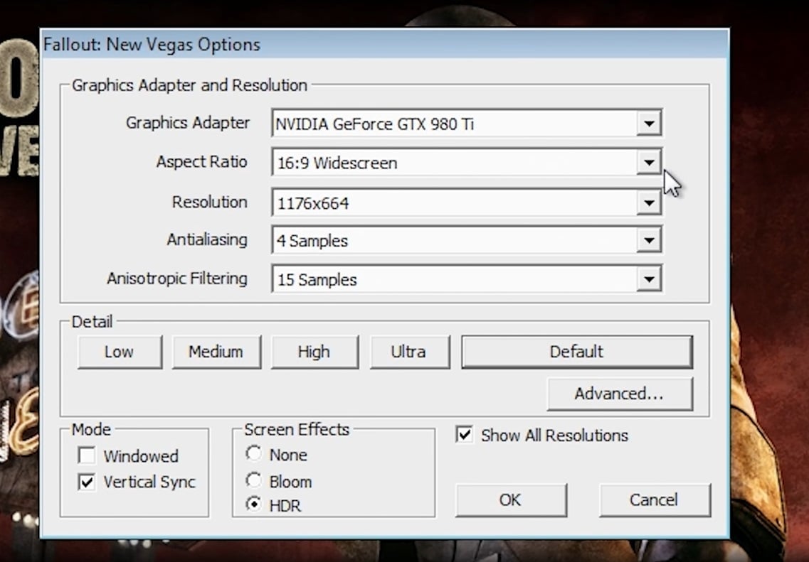 Fallout: New Vegas Options window fallout new vegas crashing windows 10