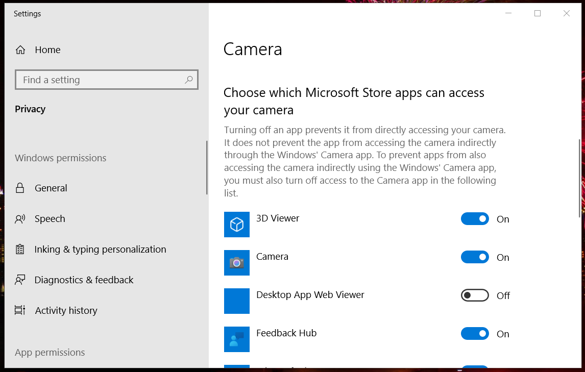 MS Store apps' camera permission settings omegle camera not working windows 10