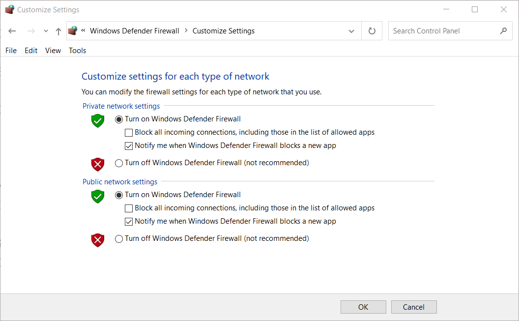 The Turn off Windows Defender Firewall options windows update code 800b0100