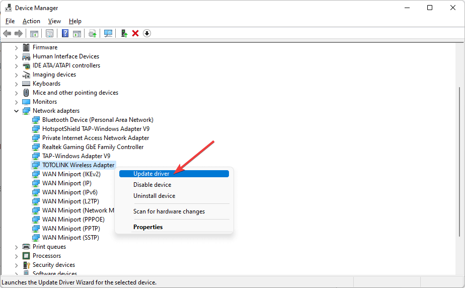 choosing update driver for network driver