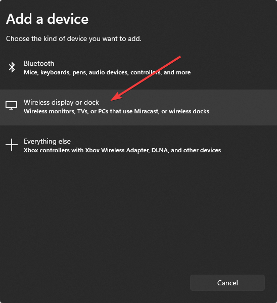 connecting wireless display or dock windows add a device