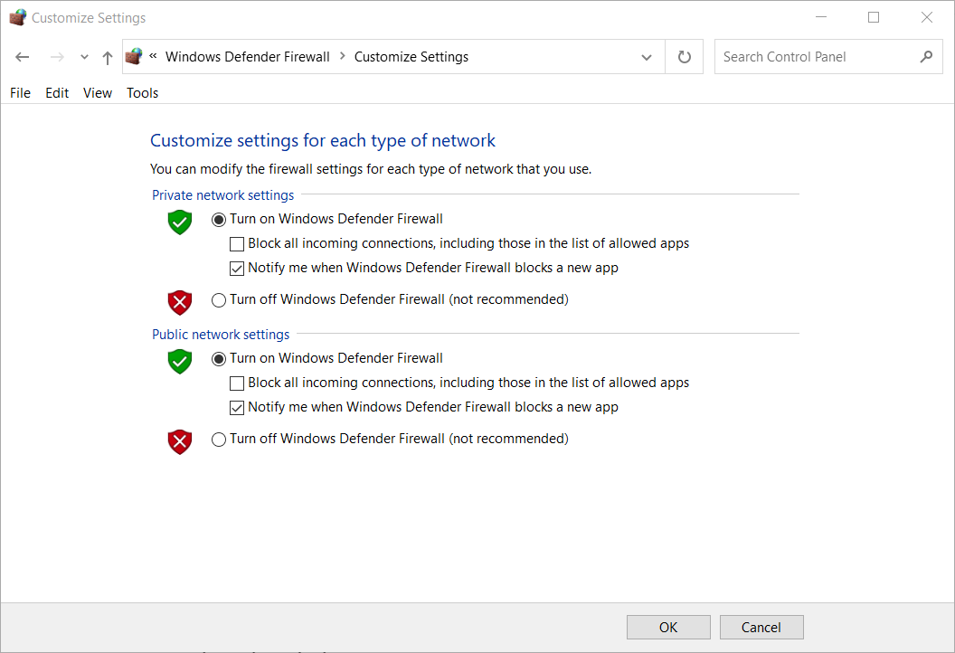 Turn off Windows Defender Firewall options error: 327683:0