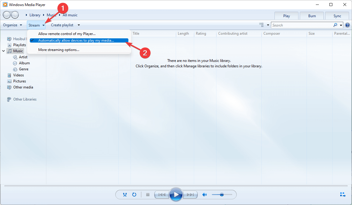 enabling automatically allow devices to play my media windows media player