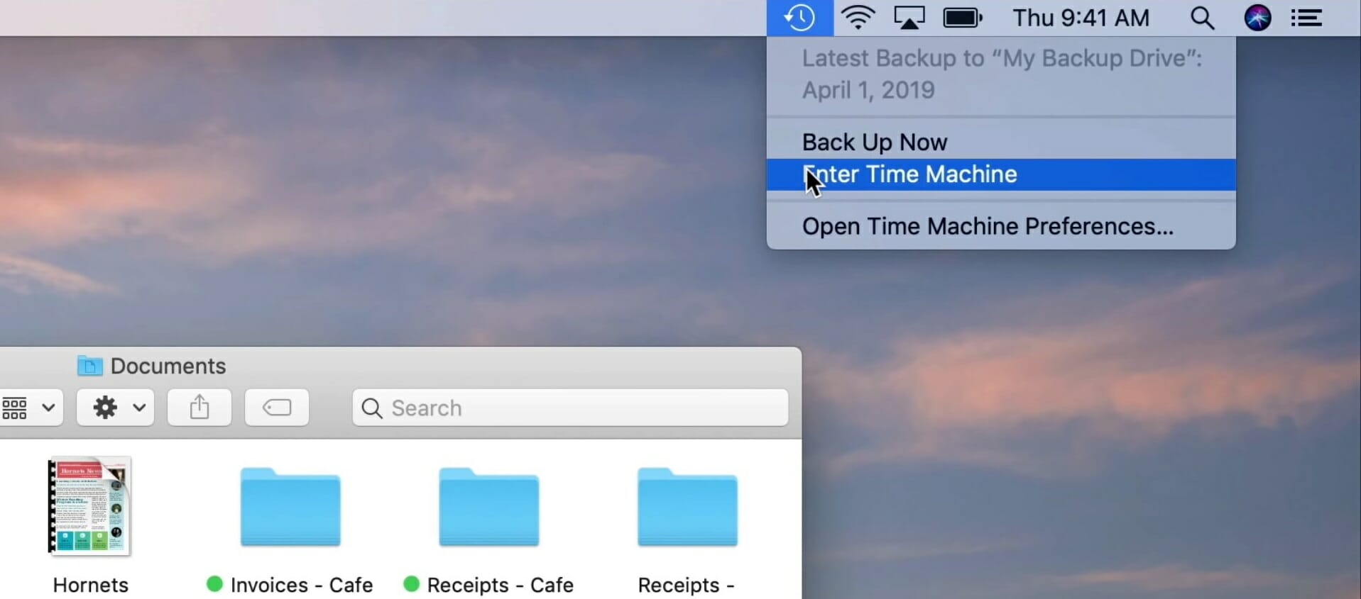 Enter Time Machine option recover recently deleted files