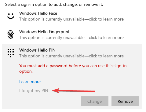 windows hello pin this option is currently unavailable
