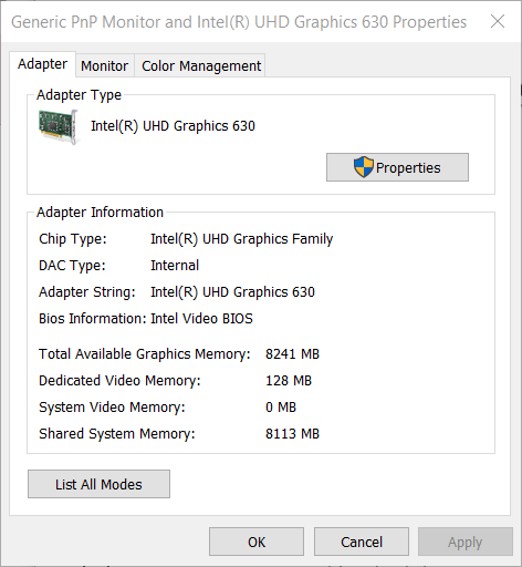Adapter tab how much vram do i have windows 10