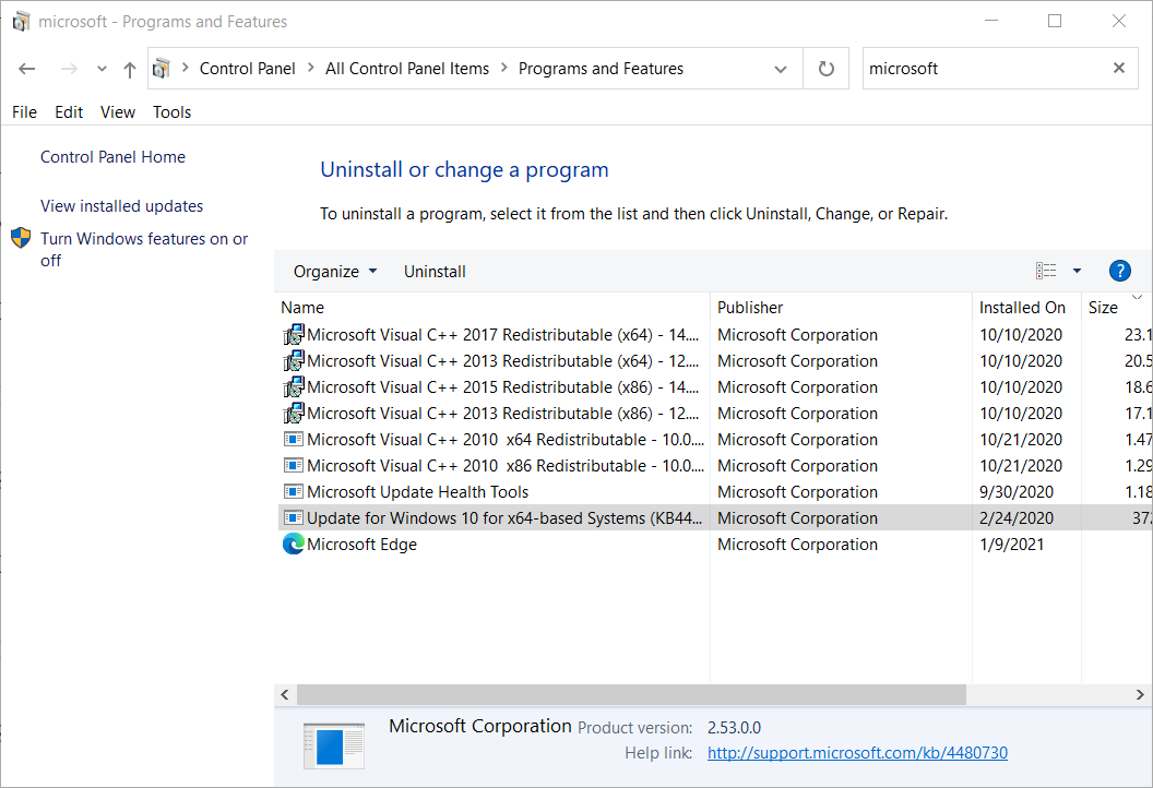Programs and Features window microsoft error code 0x426-0x0