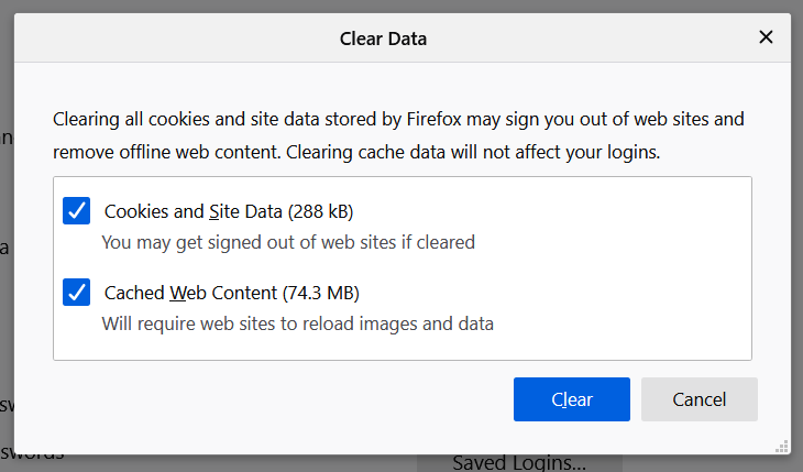 Firefox's Clear Data utility facebook videos not playing in chrome