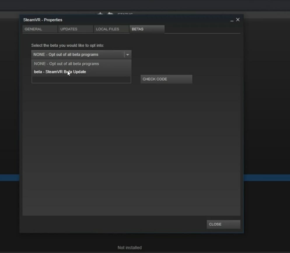 SteamVR Beta Update option steamvr error 306