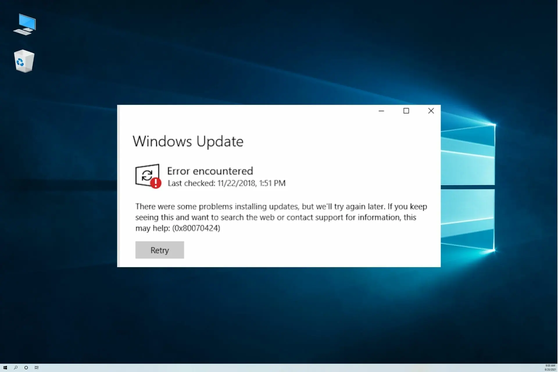 Fix Windows update error 0x80070424