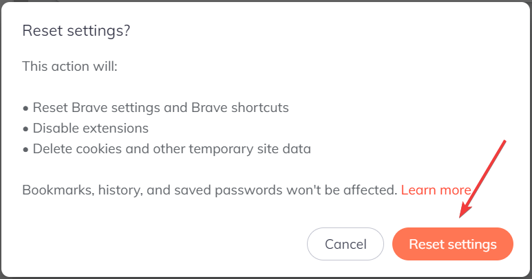 Reset settings to fix brave browser not working