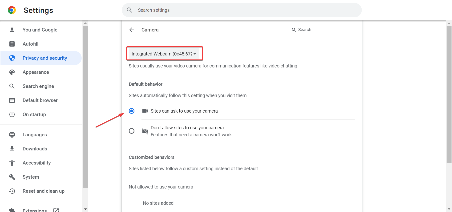 Enable option to fix chrome can't access camera