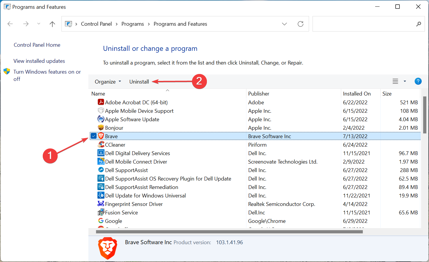 Uninstall brave to fix brave browser not working