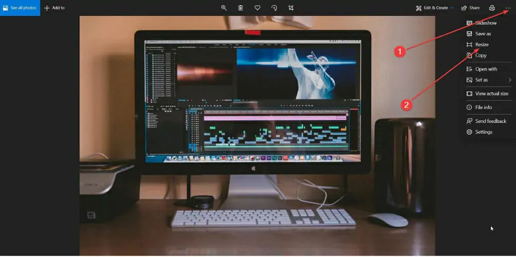 Select Resize in Windows Photos