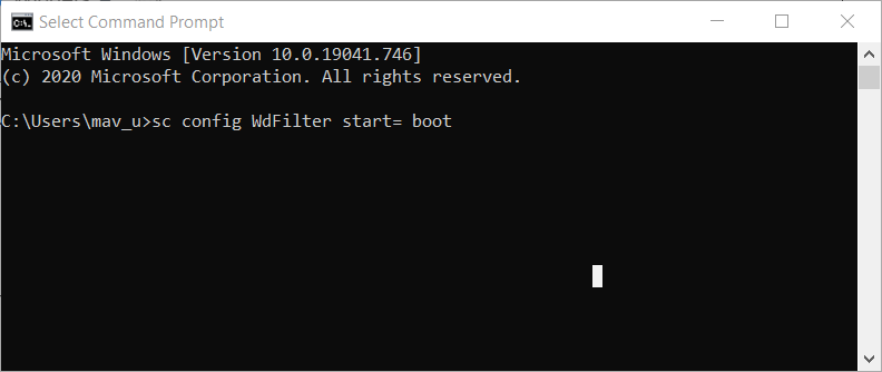 The sc config WdFilter command registry filter driver exception
