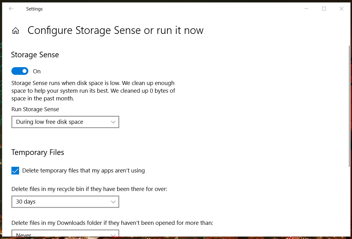 Storage Sense option cab files in windows temp