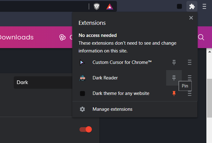 The Pin option brave browser dark mode