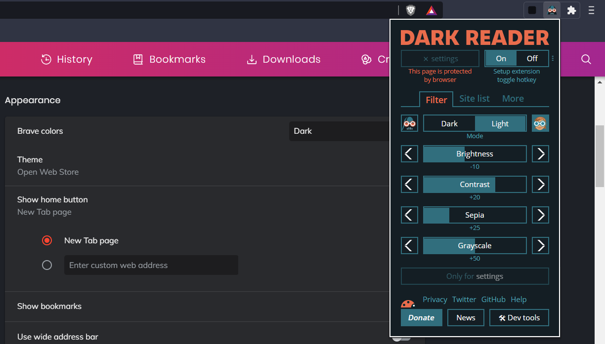 The Dark Reader button brave browser dark mode