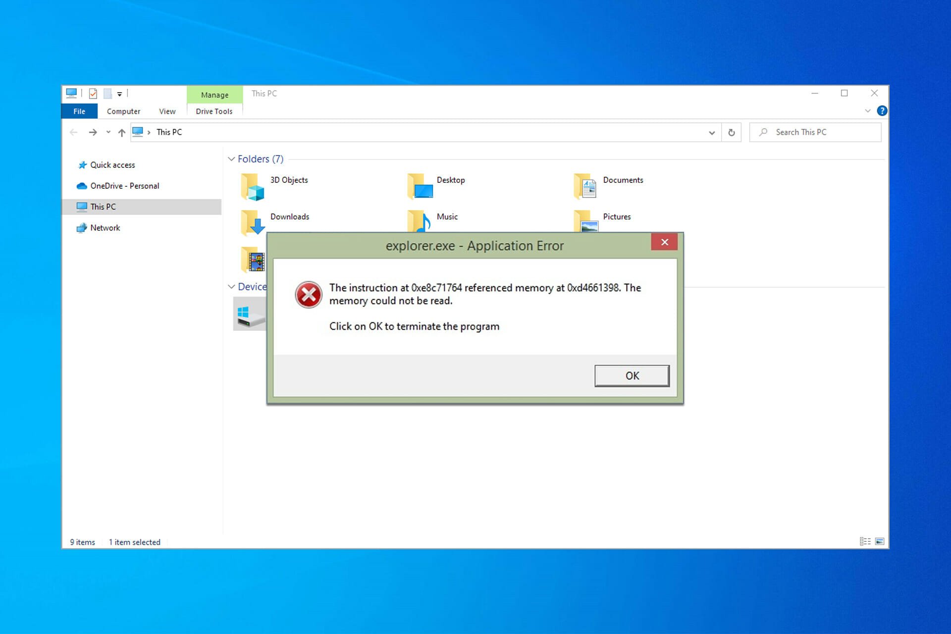 file explorer error windows 10