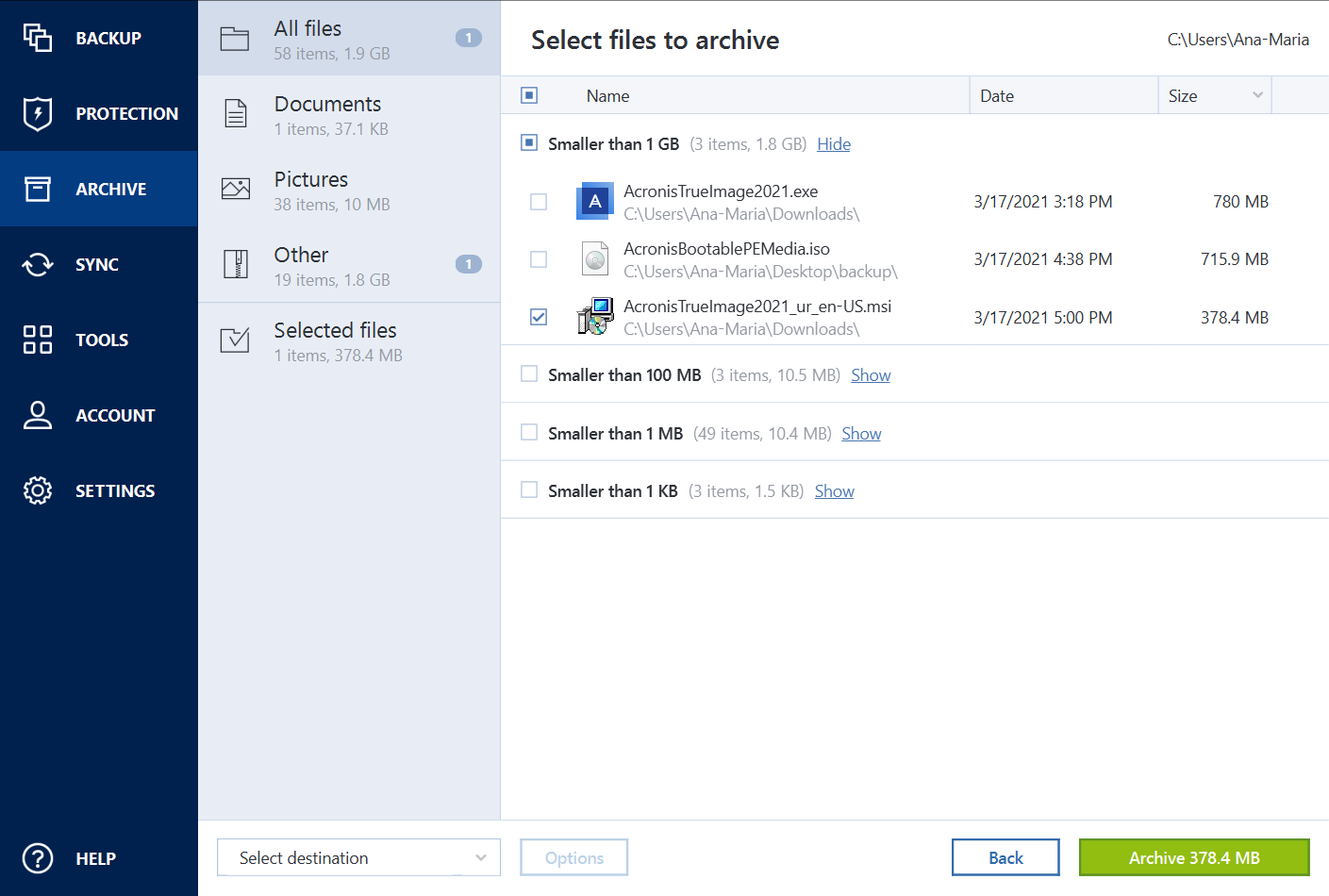 how to undo archiving files in acronis true image