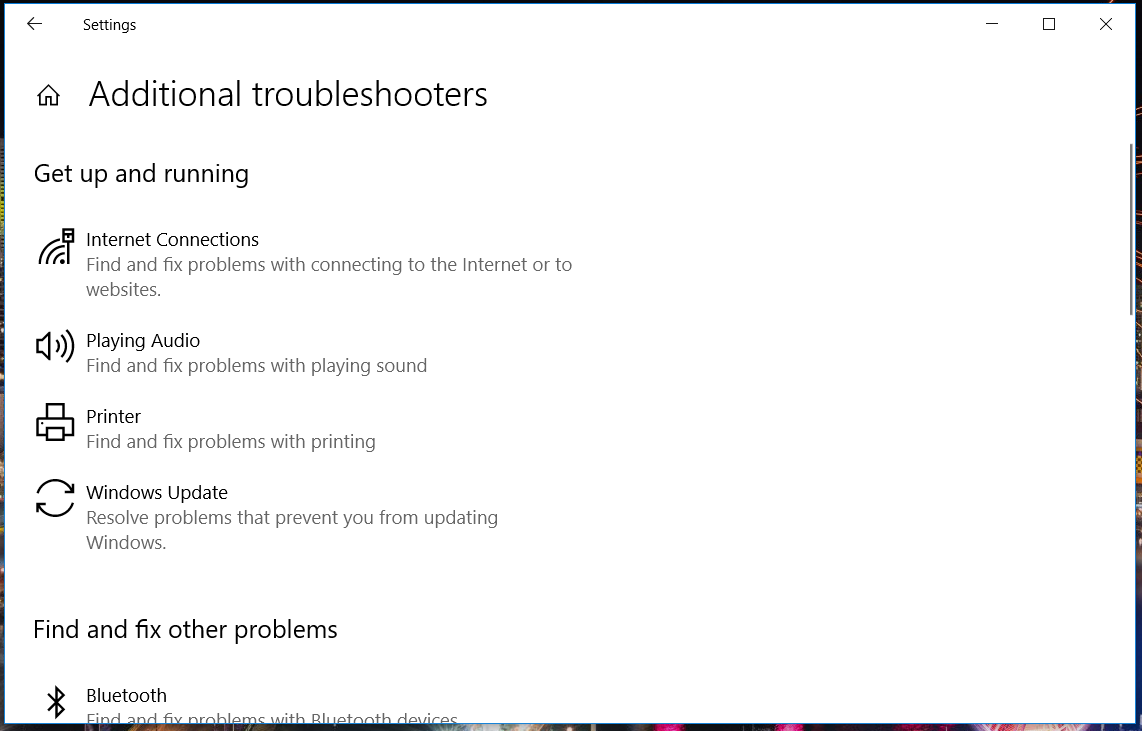 Additional troubleshooters list windows could not search for new updates 80072efe