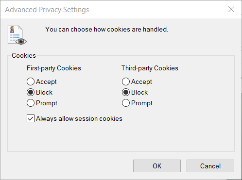 Advanced Privacy Settings window remove tracking cookies internet explorer
