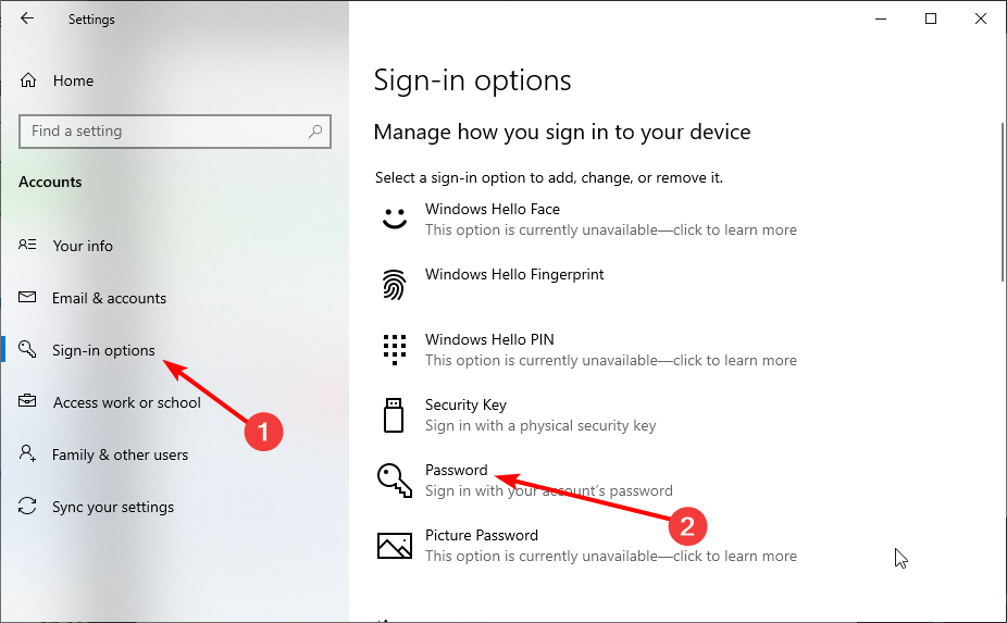 password windows hello is preventing some options