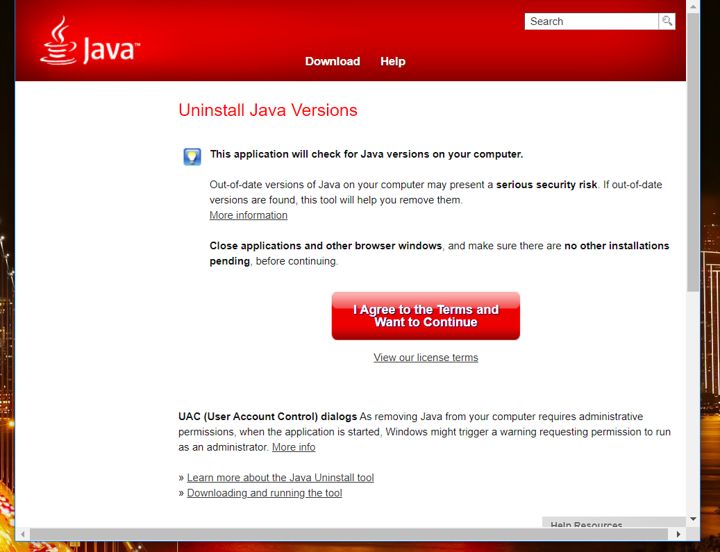 The Uninstall Java versions page your browser does not support java