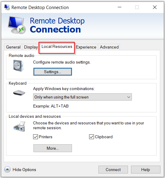 remote desktop connection select devices