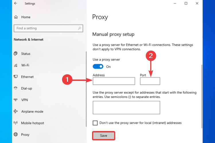 Manual proxy setup shows Address and Port number