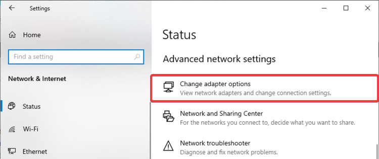 Windows 10 shows Change adapter options