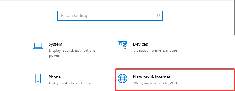 Windows 10 shows Network & Internet