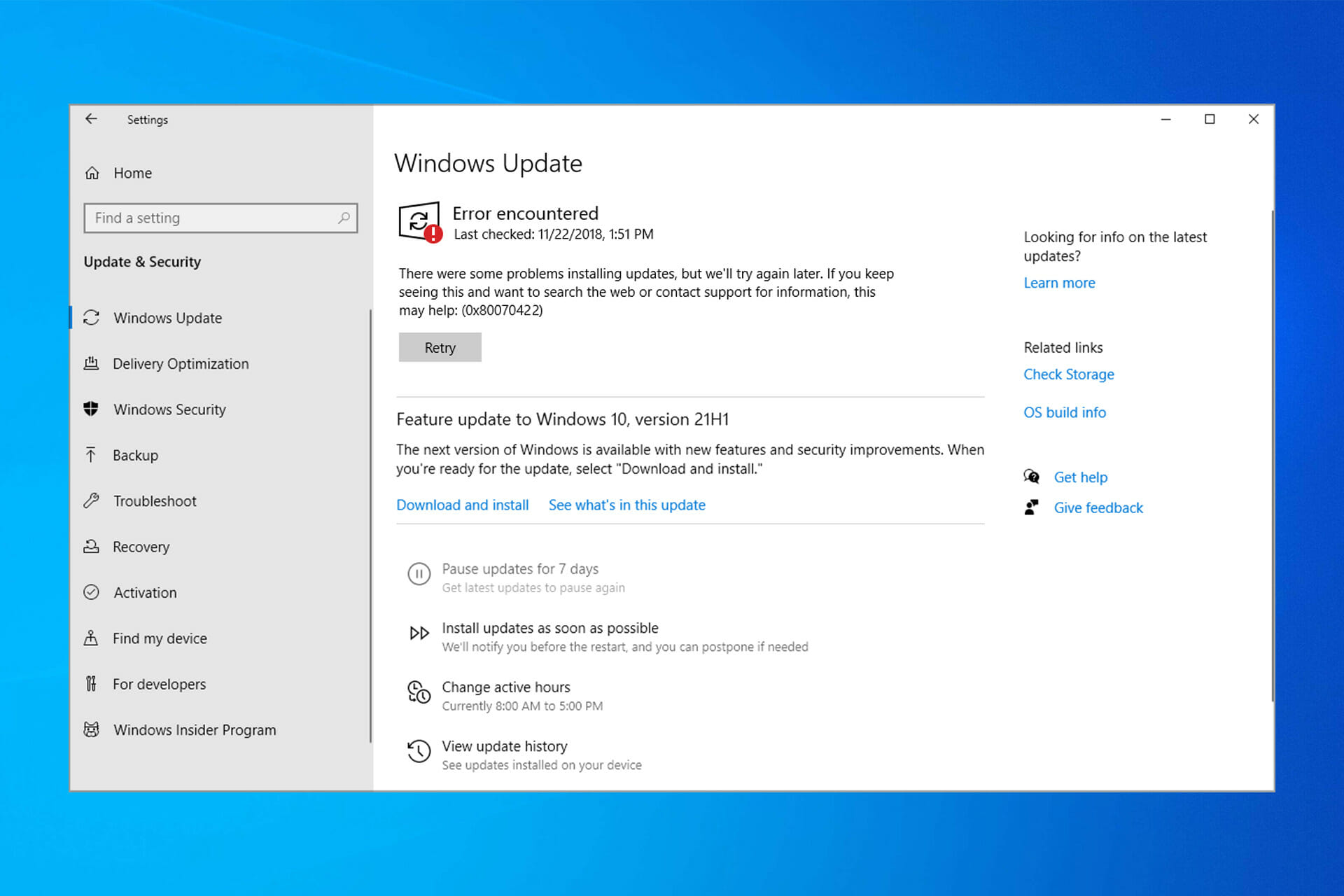Windows 10 update error 0x80070422