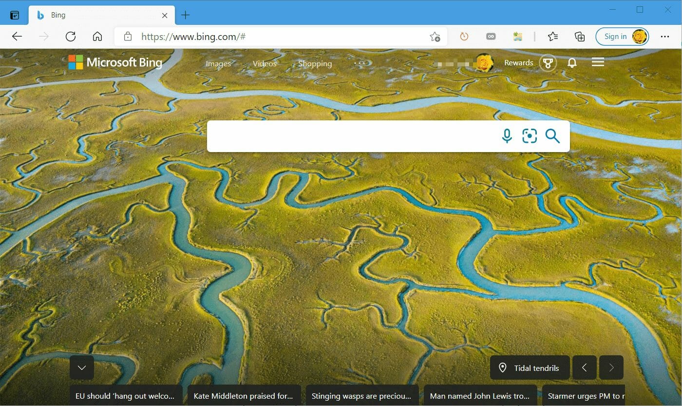 The Bing search engine in Edge