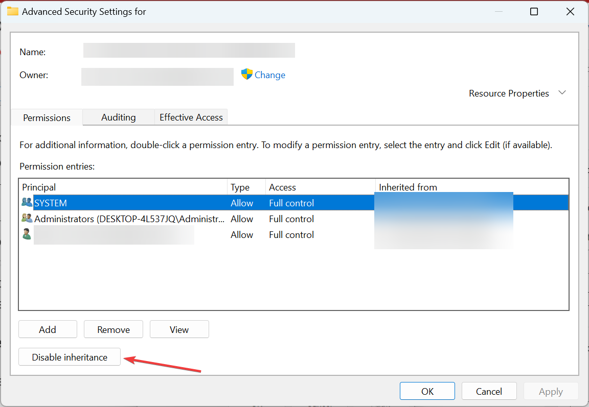 disable inheritance to fix windows 10 access denied administrator