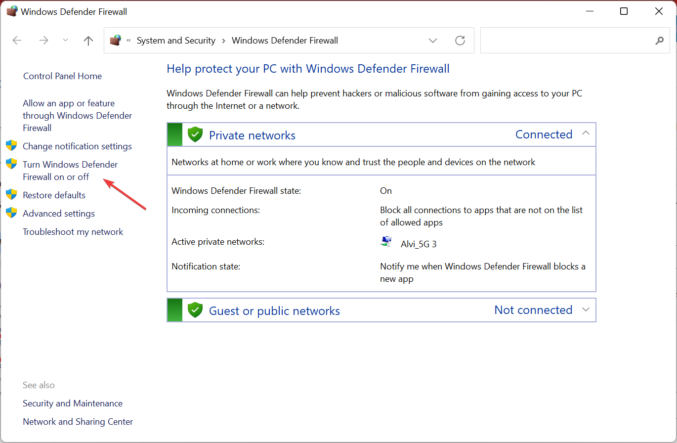 turn windows defender firewall on or off to fix the application was unable to start correctly 0xc00005
