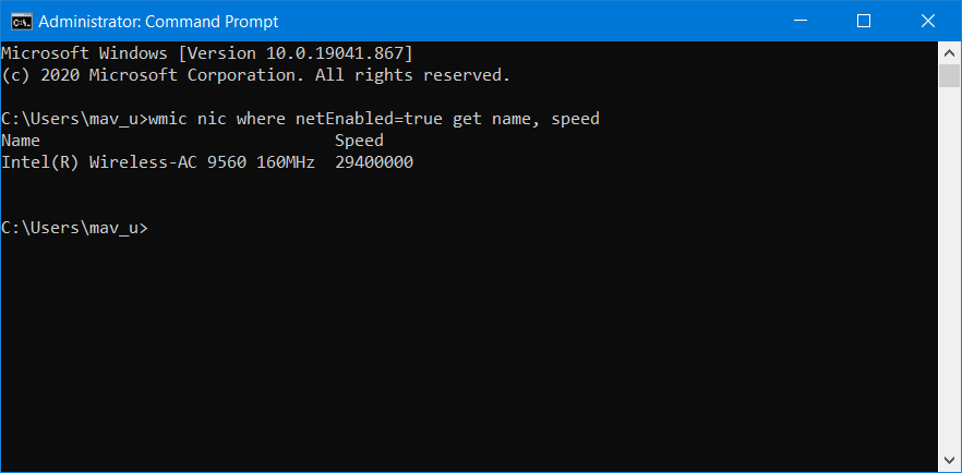 wmic nic command check network card speed windows 10