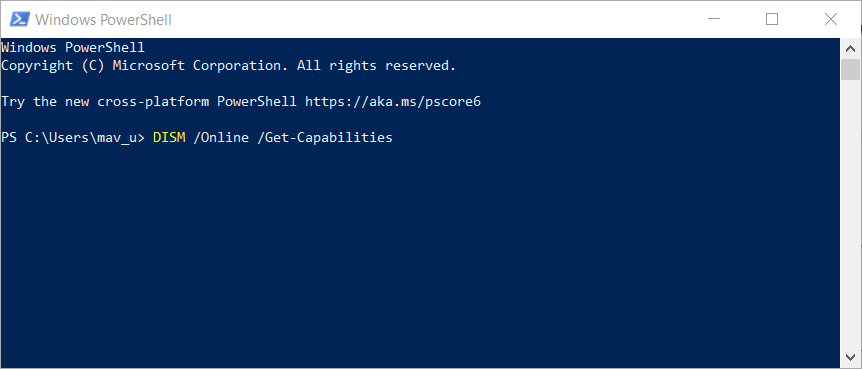 PowerShell window can't install windows media feature pack
