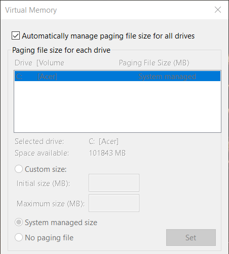 The Automatically manage paging file size checkbox xhunter1.sys blue screen