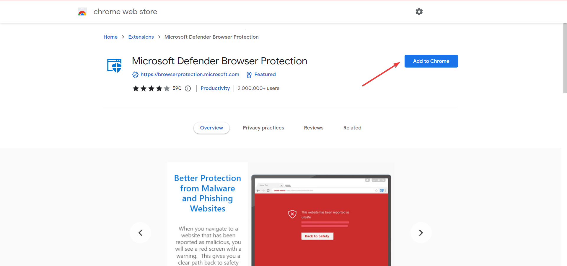 Add to Chrome to get windows defender browser protection