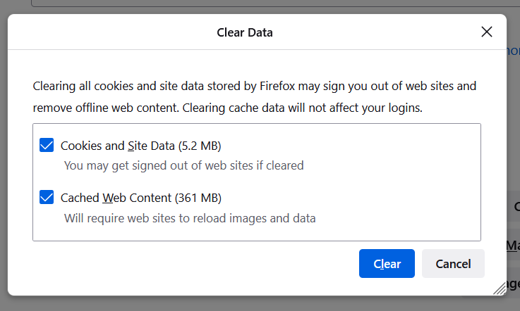 Firefox's Clear Data tool turbotax won't let me efile
