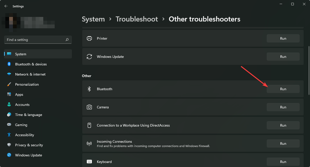 clicking run bluetooht troubleshooter windows 11 settings