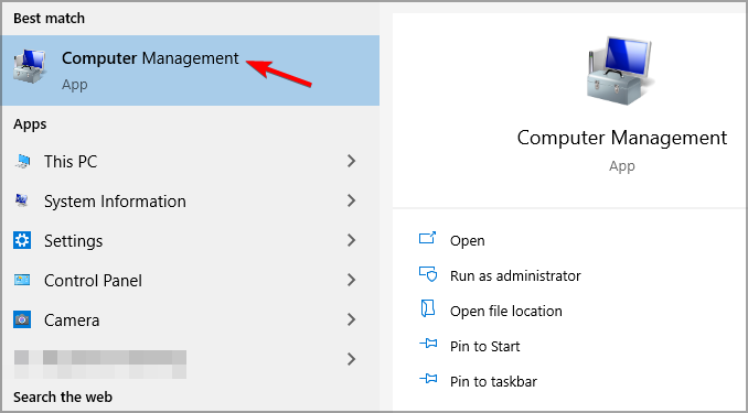 computer management search results windows