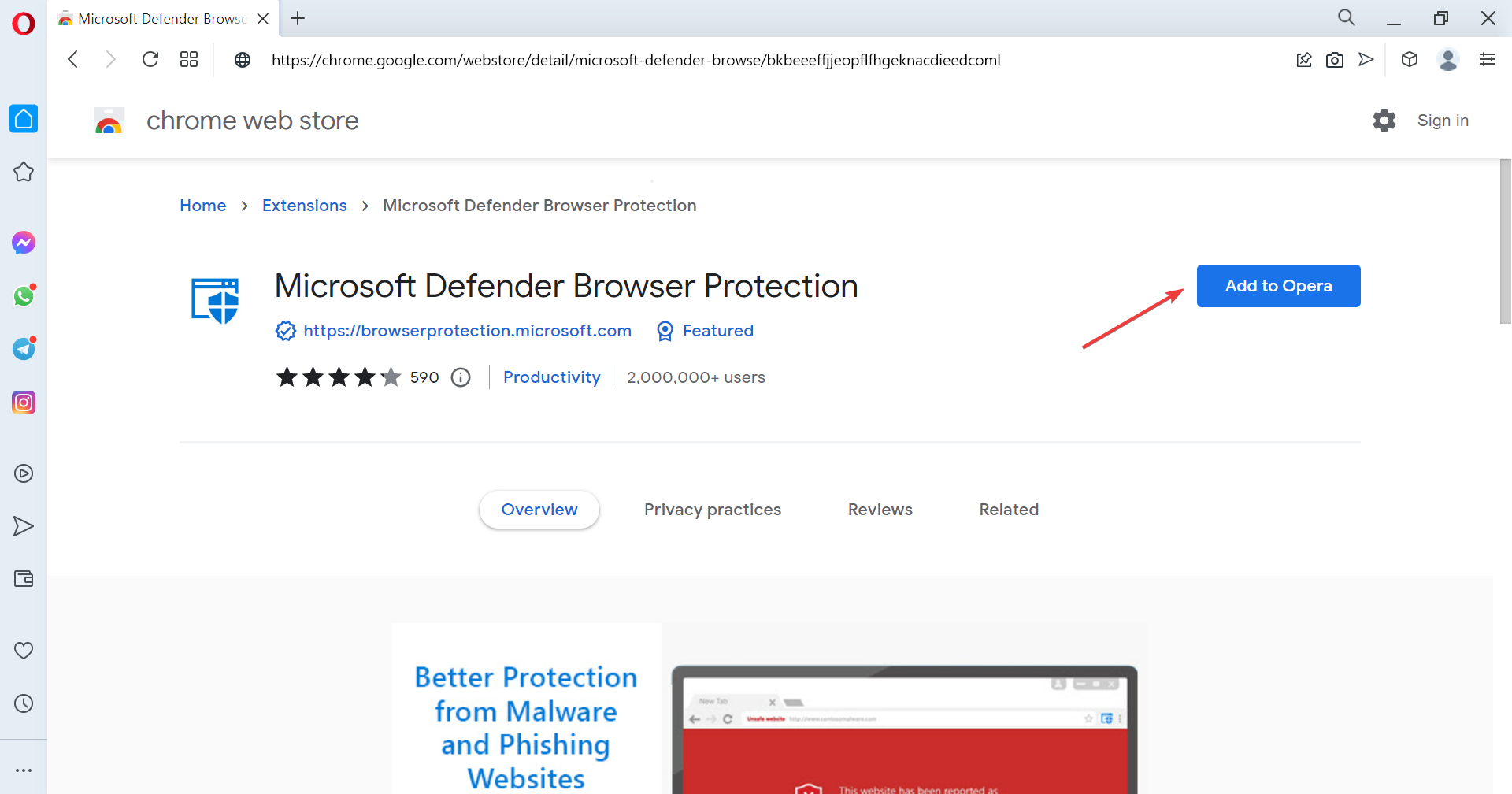 Windows Defender 브라우저 보호를 얻으려면 Opera에 추가하십시오