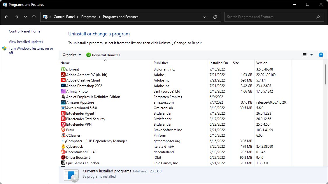 program and features control panel windows